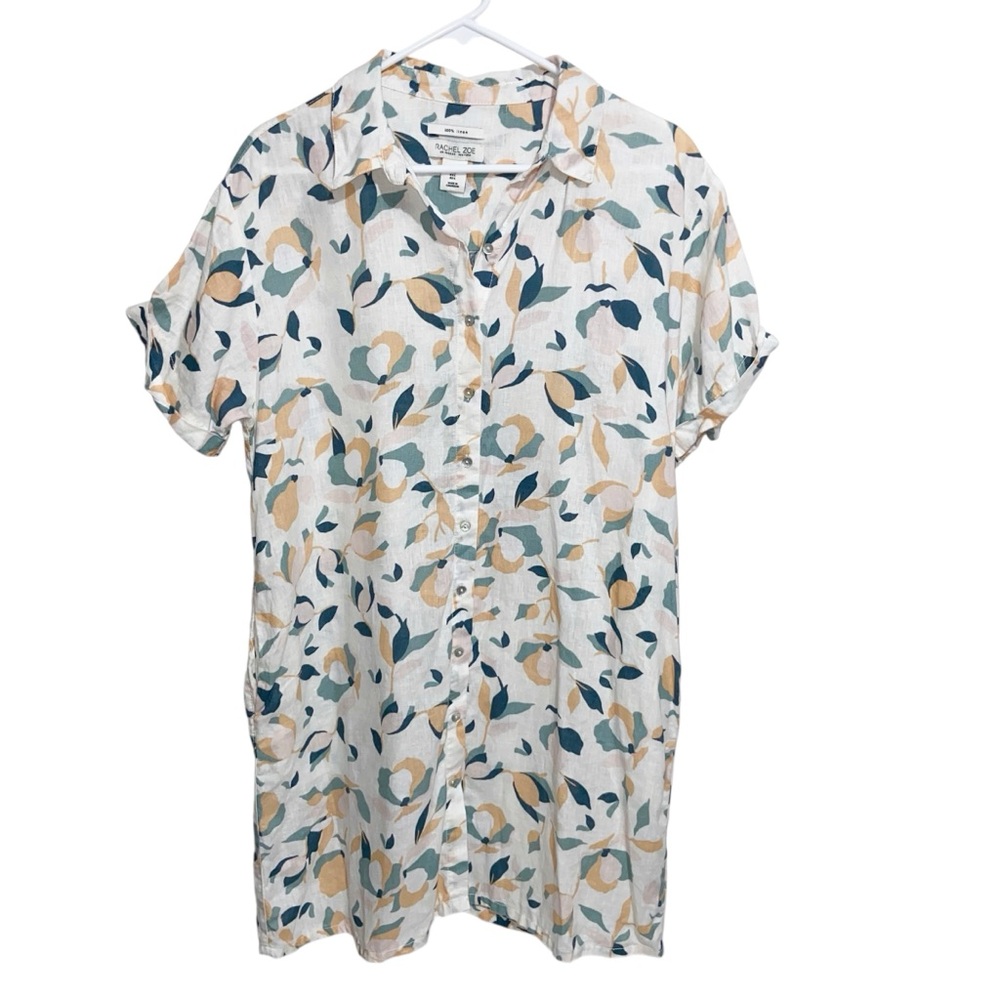 Rachel Zoe Dress Womens Large 100% Linen Button Pockets Resort Floral Lagenlook